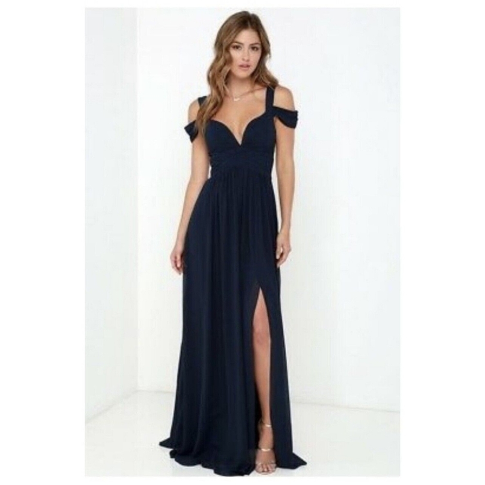 Bariano Australia Navy Blue Cold Shoulder Evening Chiffon Gown Size S V-Neck